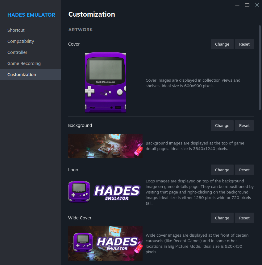 Customization section of the Stream entry for Hades.