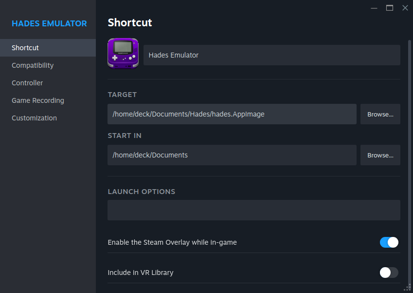 Shortcut section of the Steam entry for Hades.